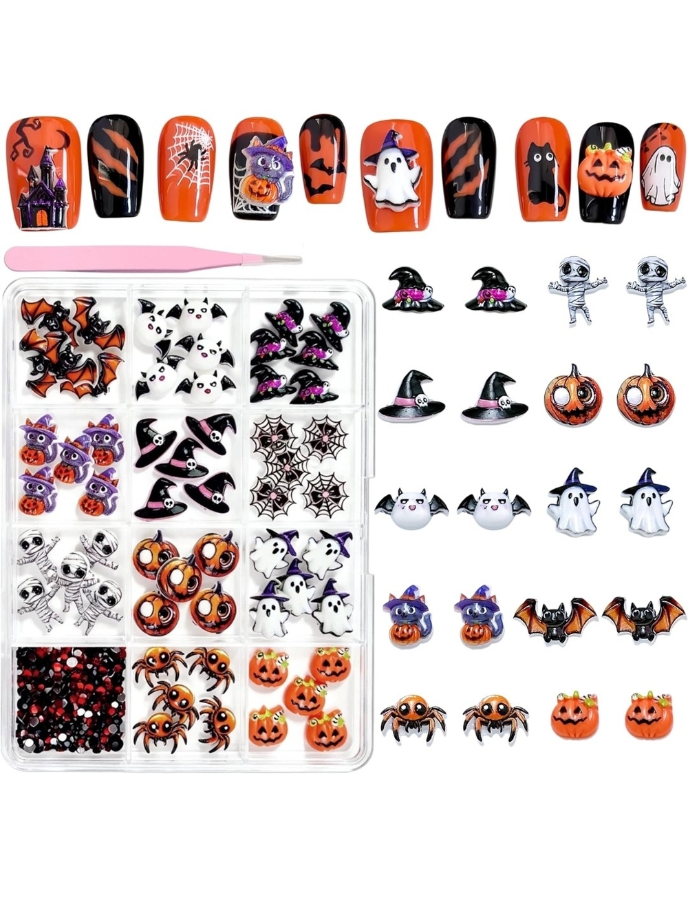 12 Grids Halloween Resin Nail Charms 3D Vintage Punk Skull Pumpkin Ghost Bat